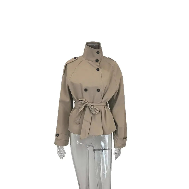 Belted Waist Cropped Trench Jackets Women Double Breasted Stand Collar.
