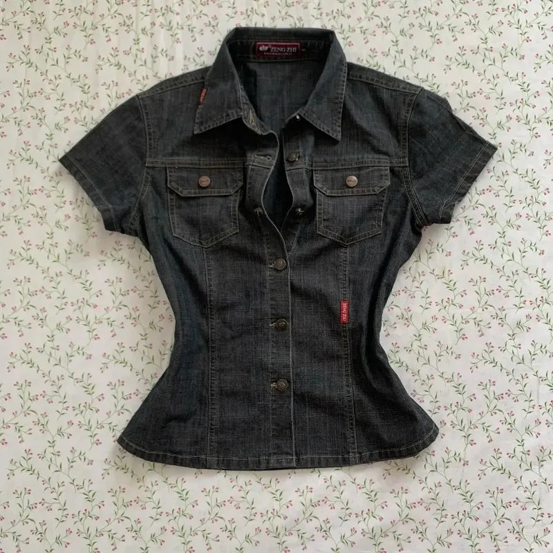 American Harajuku Retro Wash Fashionable Sexy Denim Short-sleeved.