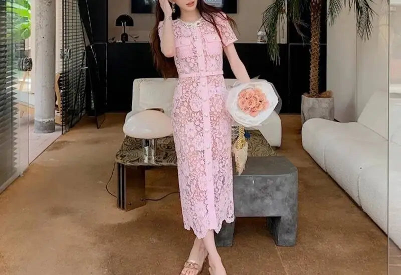 Women’s Lace Midi Dress Diamonds Bow Pink Floral Crystal Short Sleeve.