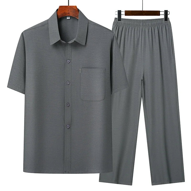 (Top + Pants) Summer Leisure All Match Middle-aged and Old Dad Men Fashion.
