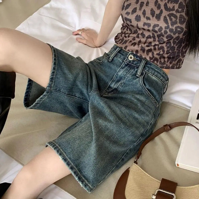 Retro Denim Shorts for Women Summer High Waist Five-point Pants.