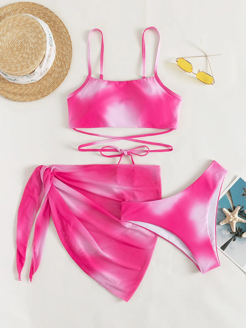 3 Pieces Ombre Lace Up Bikini Swimsuit & Beach Skirt Sexy Swimwear Women.