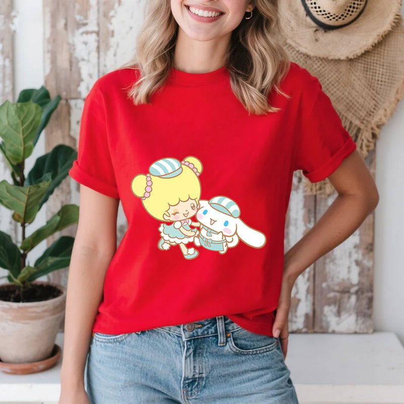 Cinnamoroll and Fufu Sweet Shop Buddies Print Cotton T Shirt for Women.