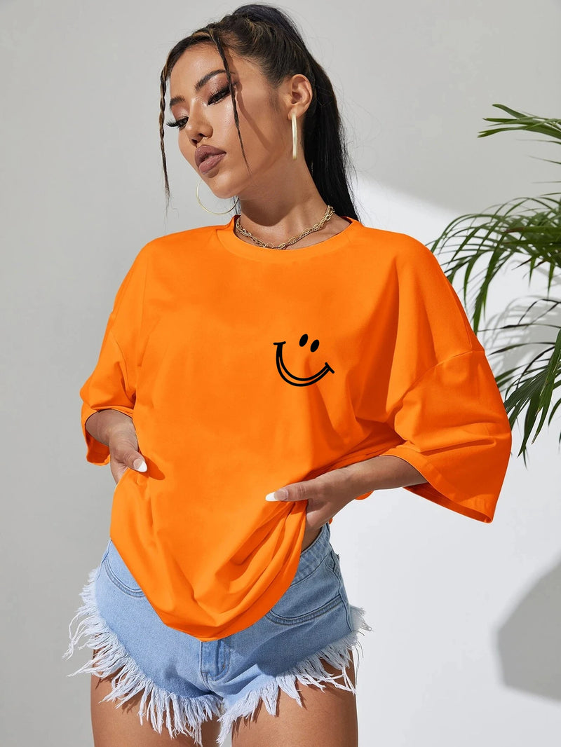 Happy Expression Printed Womens Cotton Short Sleeve Street Hip Hop Tee.