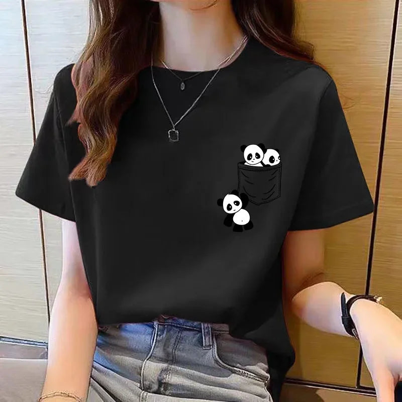 Women Short Sleeve Top Summer New Pocket Panda Cartoon Printed T-shirt.