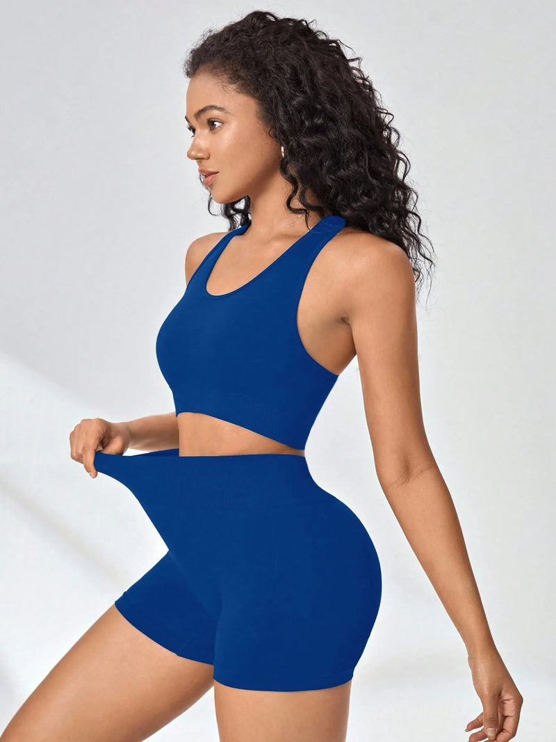Women Yoga Set Bra Shorts Set Seamless Fitness Tracksuit Gym Running.