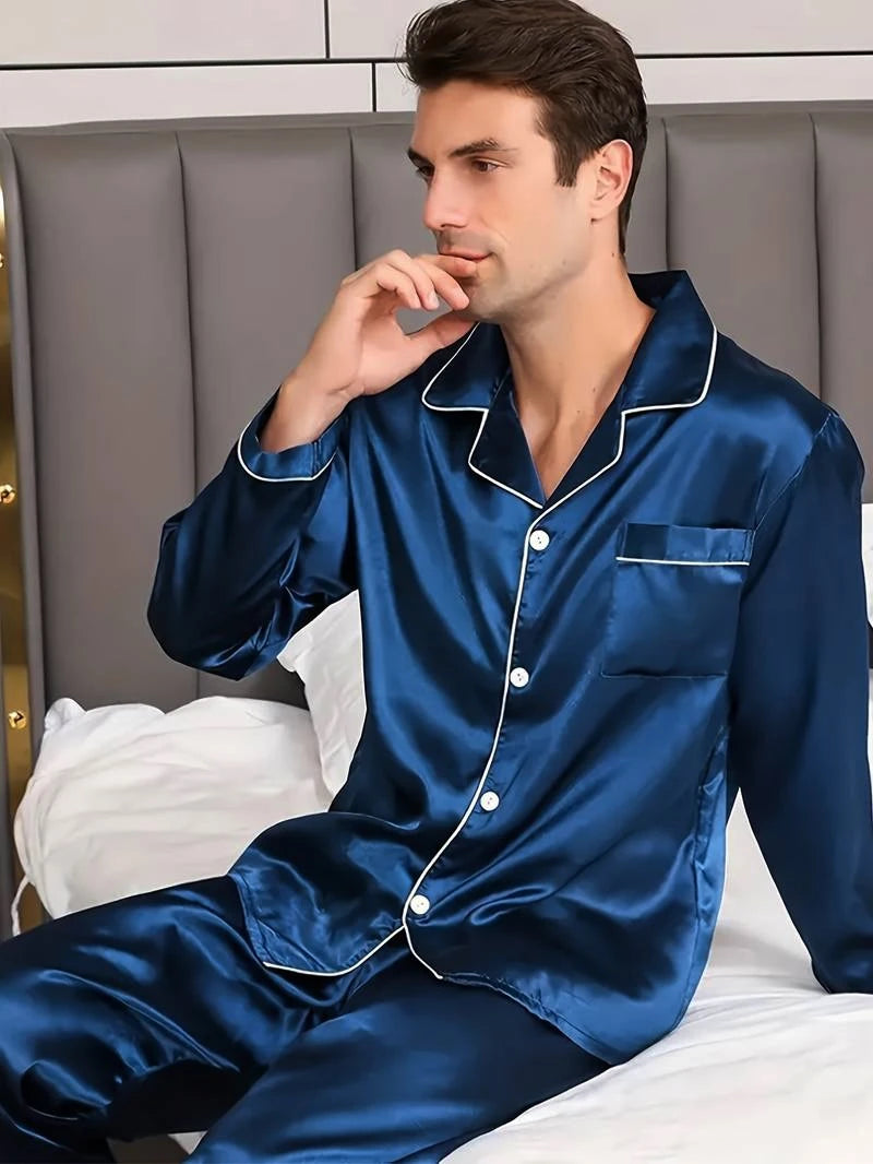 Men's Satin Pajama Set For Men Long Sleeve Button-down Top.