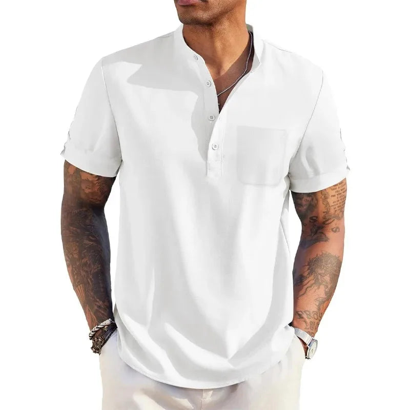 Summer Men's Cotton Linen T-Shirt Henley Neck Pocket Casual Lightweight.