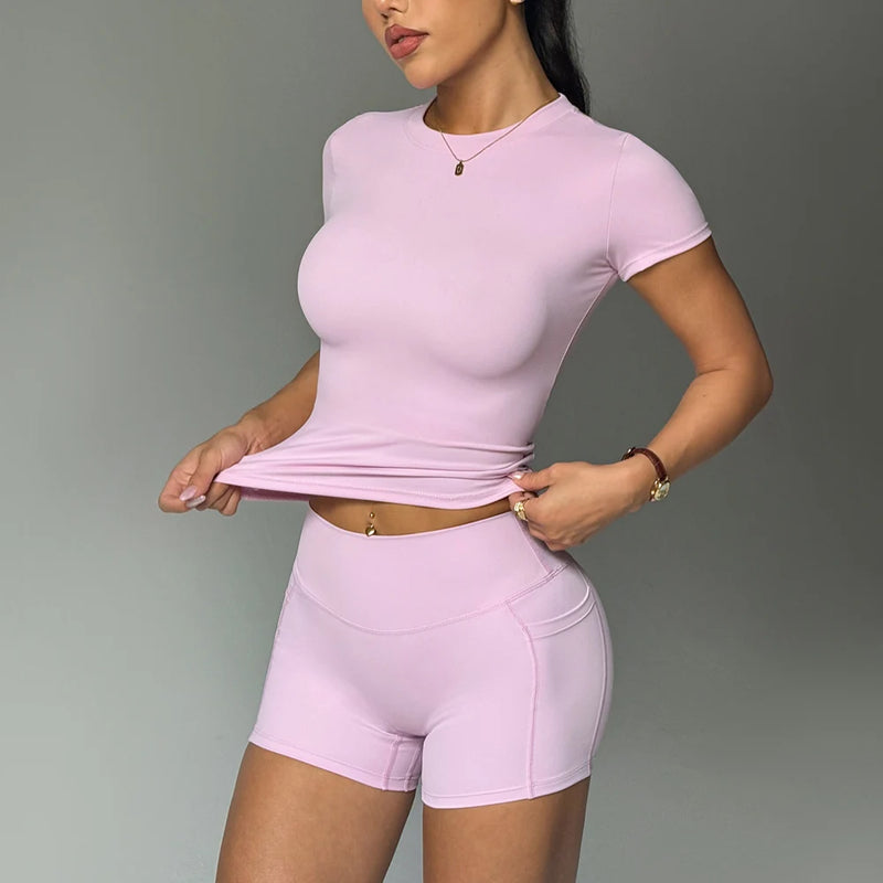 Seamless Yoga Set Women Workout Clothes Short Sleeve Crop Top Pocket.