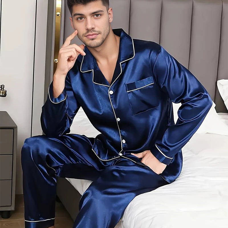 Men's Satin Pajama Set For Men Long Sleeve Button-down Top.