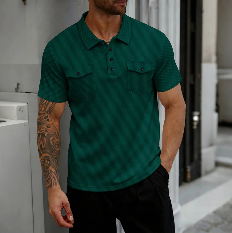 Men’s  button-down solid-color short-sleeved POLO shirt casual T-shirt.