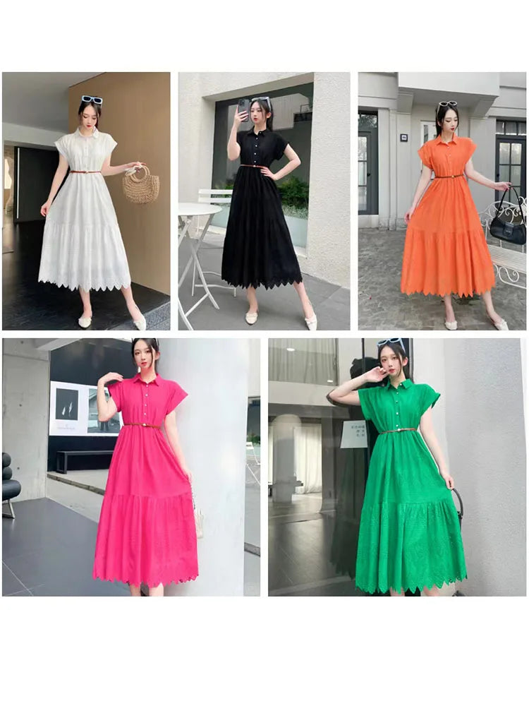 Women Summer Dress Loose Breasted Lace Up Long Dress.