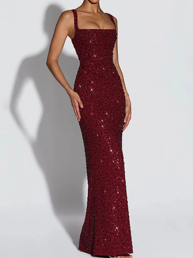 Square Collar Spaghetti Strap Chic Maxi Dress for Women.