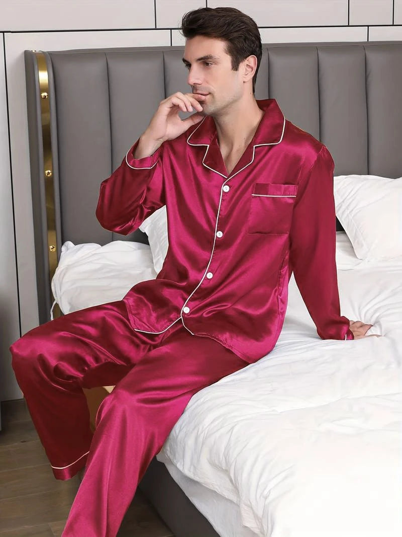 Men's Satin Pajama Set For Men Long Sleeve Button-down Top.