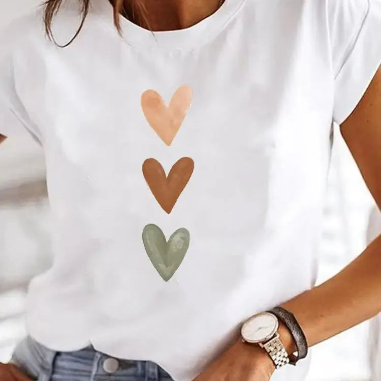 Love Heart Print Women Summer T Shirt Girl O Neck Funny Tops Tee Female.