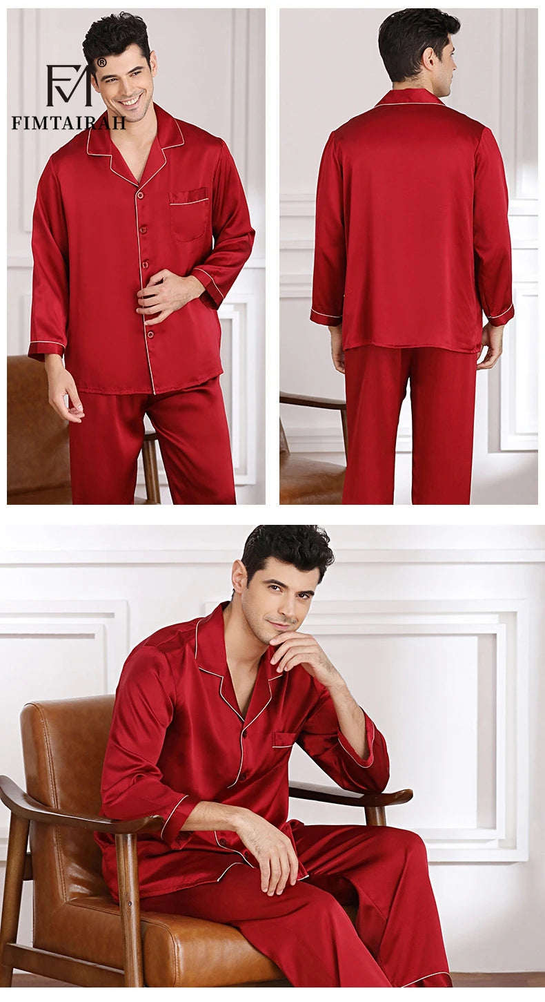 Men's Two Sets Sleepwear Summer Soft Long Sleeve  Home Wear  Mulberry Silk Pijimas.