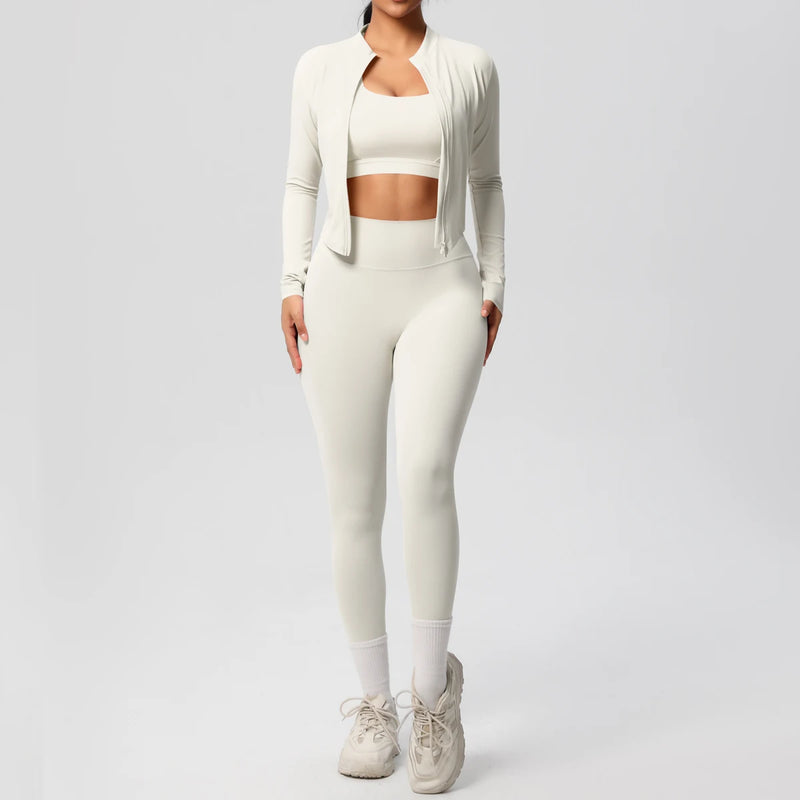 3pcs Sportswear Yoga Set Gym Sports Bra Zipper Jacket Leggings Clothes.