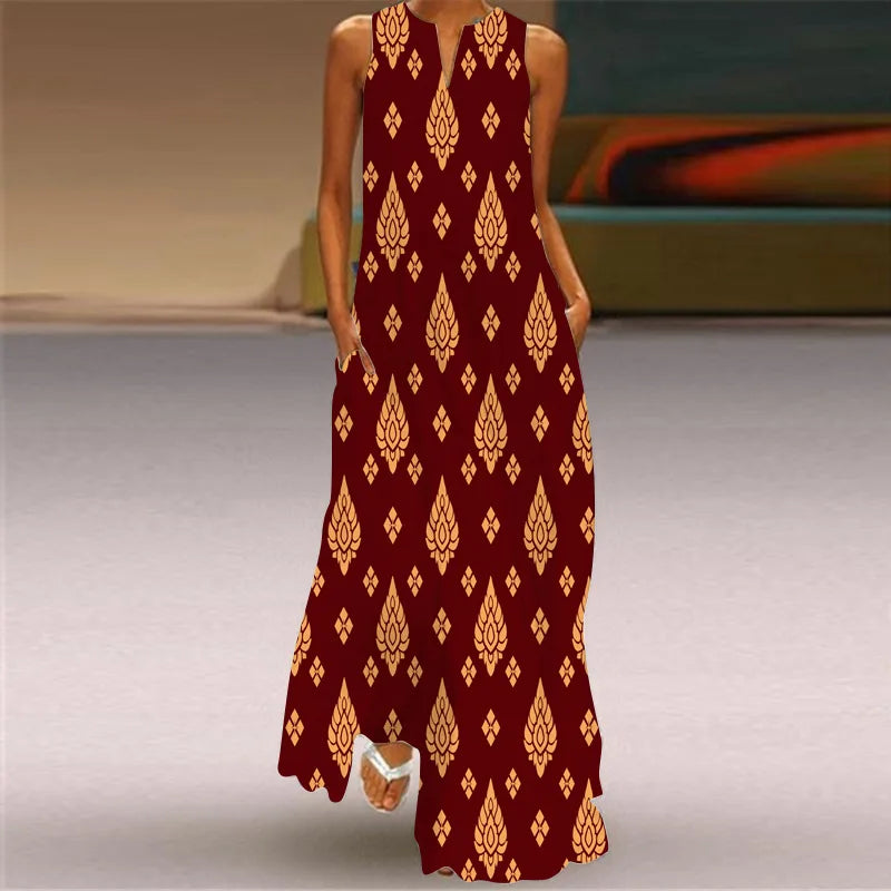 Vintage Print Maxi Dress For Women.