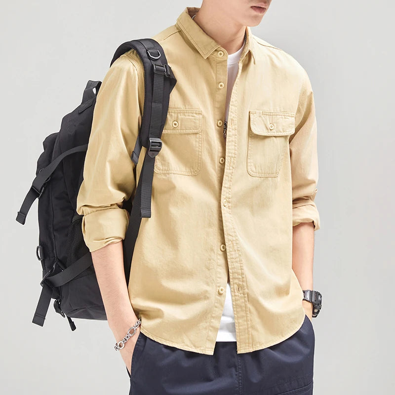 Mens Vintage Shirt Male Lone Sleeve Cargo Shirts Cotton Casual Solid Shirt.