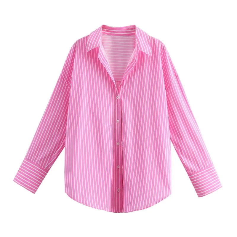 Women's spring new Europe-American fashion striped long sleeve lapel loose.