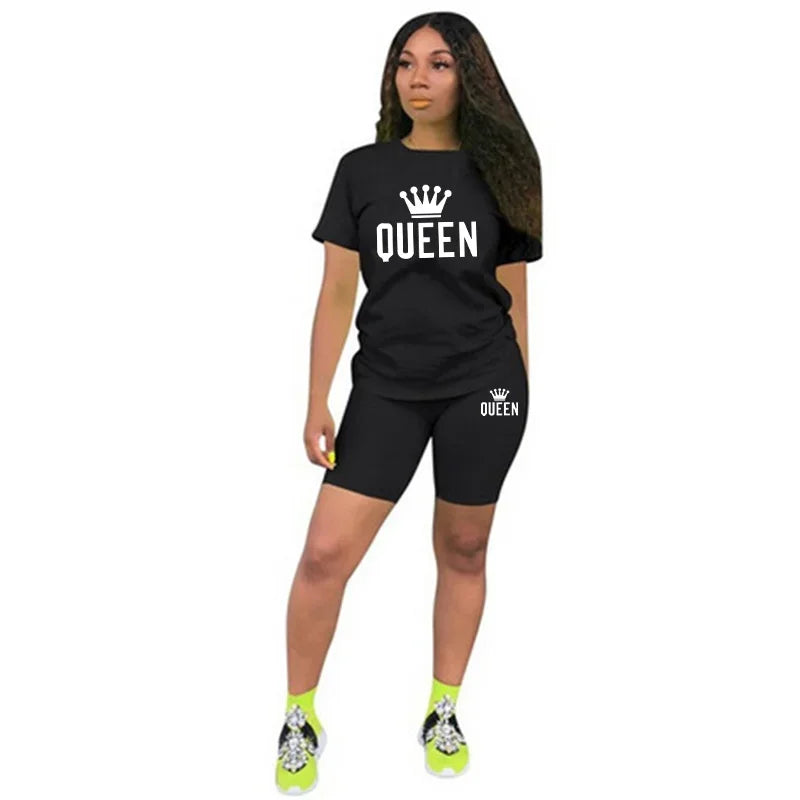 Summer Womens Tracksuit Queen Printing T-Shirt+Shorts 2 Piece Sets.