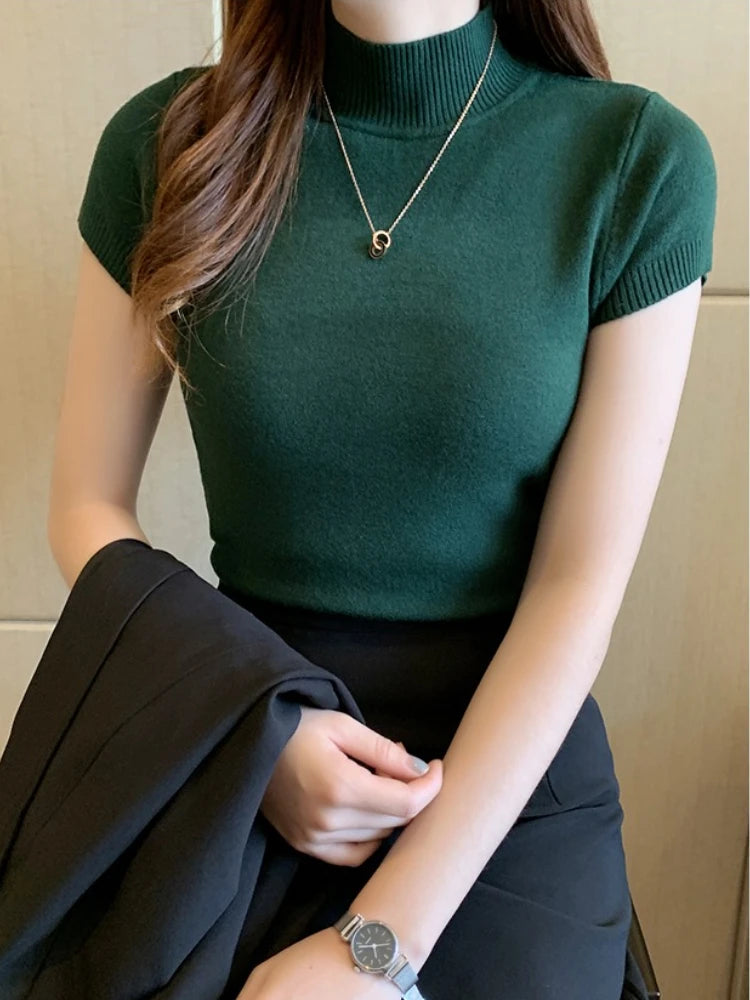 Half-High Neck T-Shirt Women's Fashion Jumper Casual Tops.