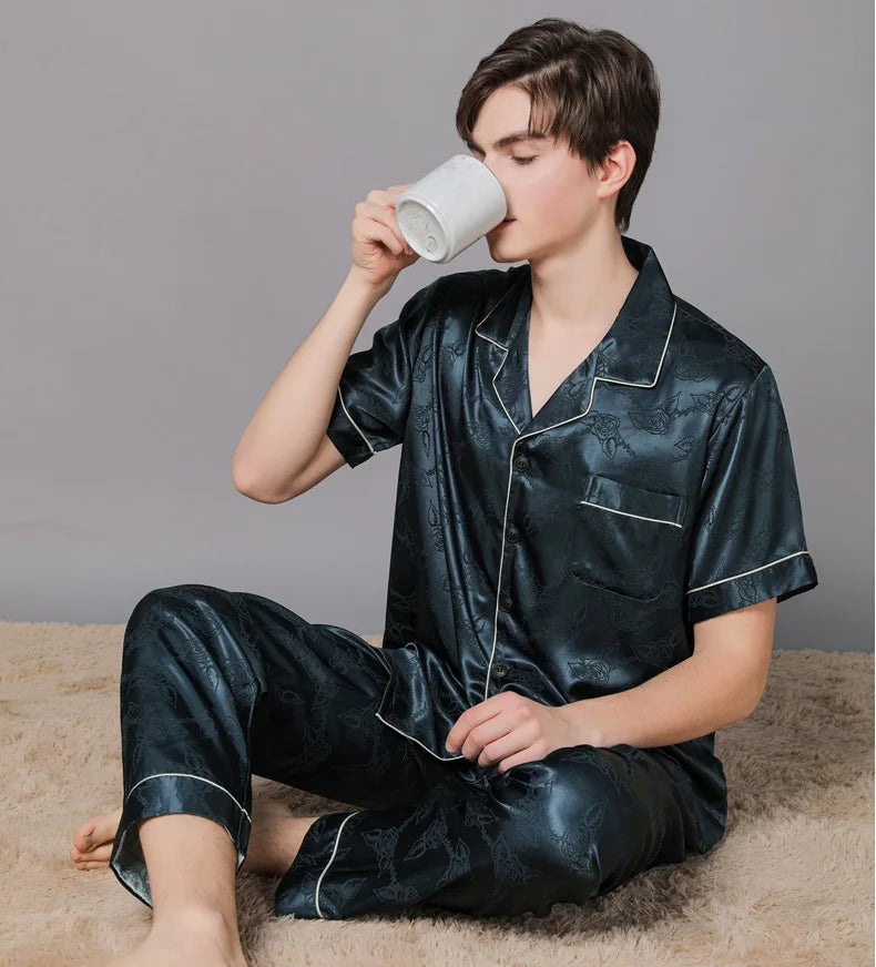 Men Ice Silk Pajamas Suit Summer Plus Size.