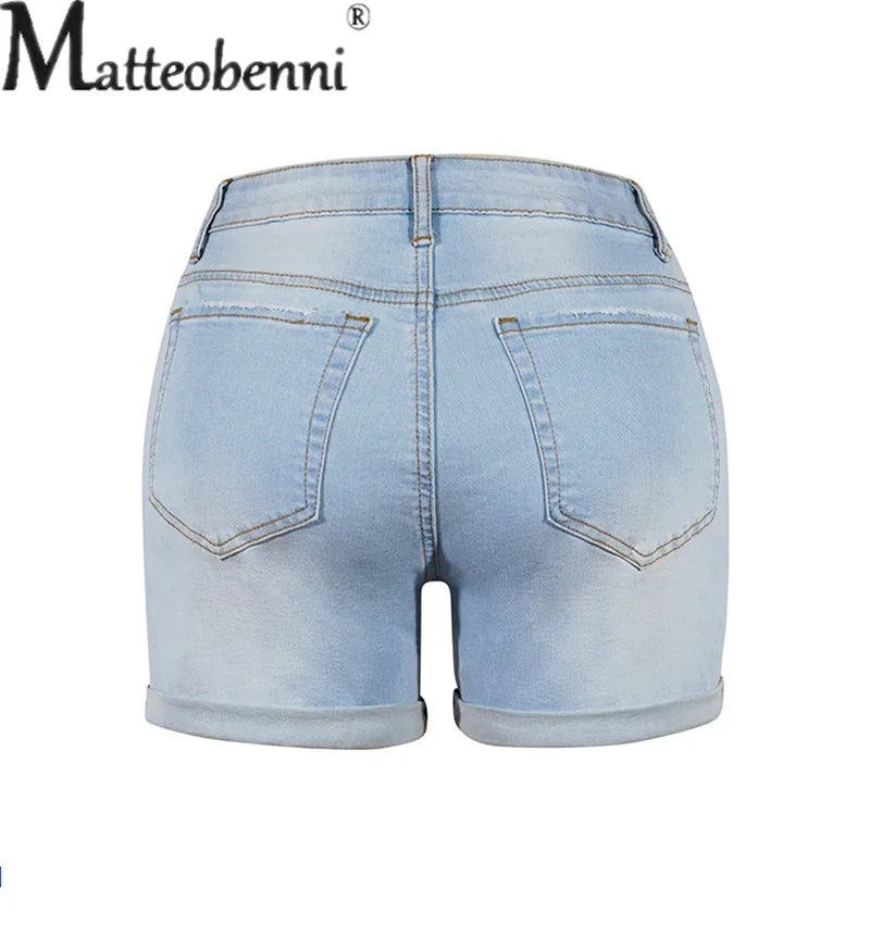 Summer Stretch Midriff Button Splice Denim Shorts Women Comfortable.