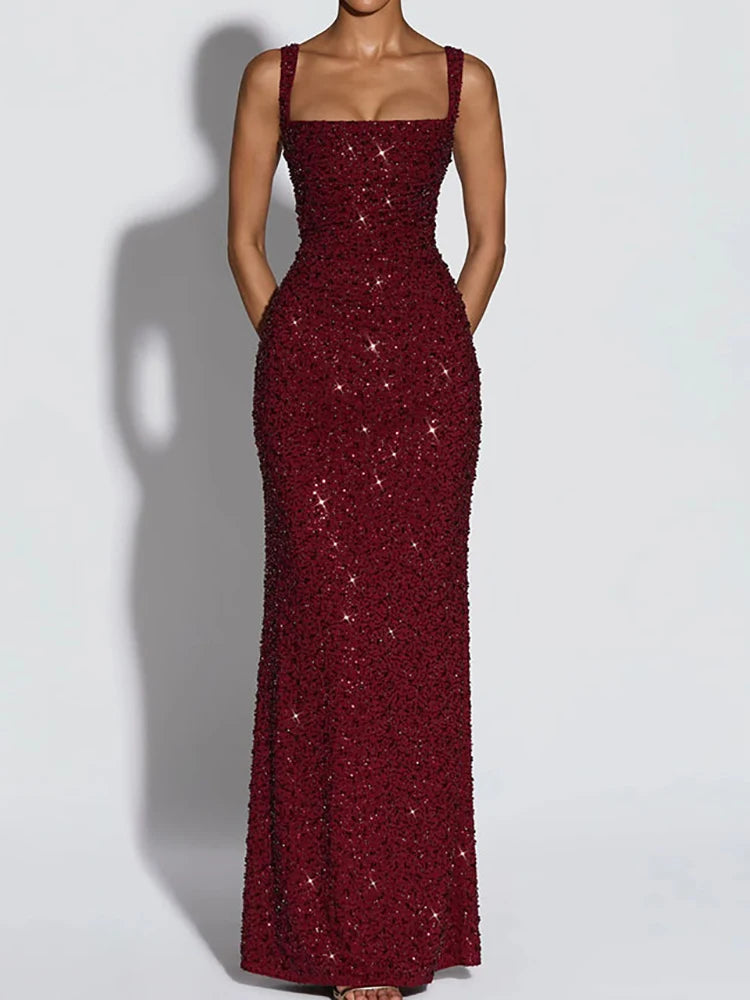 Square Collar Spaghetti Strap Chic Maxi Dress for Women.