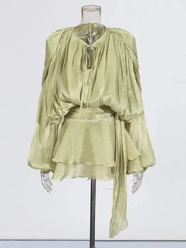 TWOTWINSTYLE Solid Blouse Mini Dresses For Women V Neck Long Sleeve.