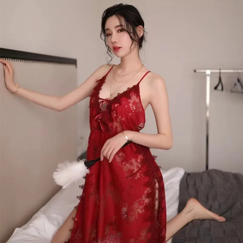 Grey Floral Hollowed Out Lace Nightdress Womens Nightgown Sleepwear.