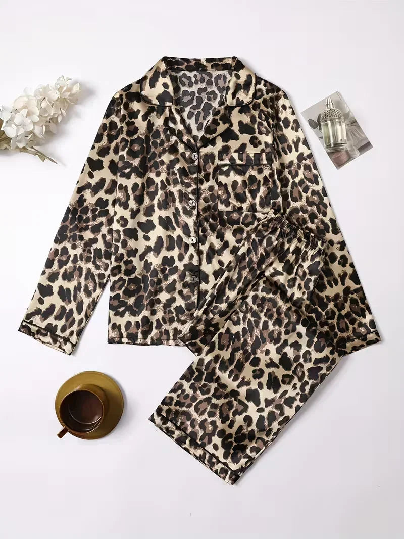 Autumn Winter Silk Satin Leopard Print Pajamas Set for Women Sleepwear.