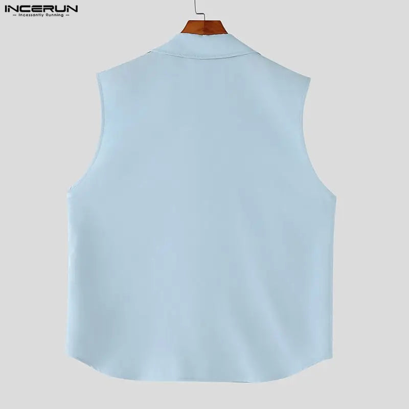 INCERUN Men's Shirt Solid Lapel Sleeveless Lace Up Men Clothes Summer.