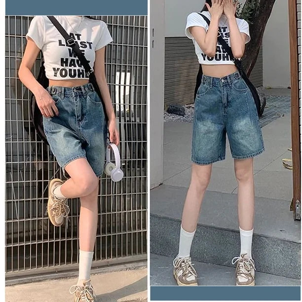 Women's Denim Shorts American Retro High-Waisted Jean Shorts Korean Style.