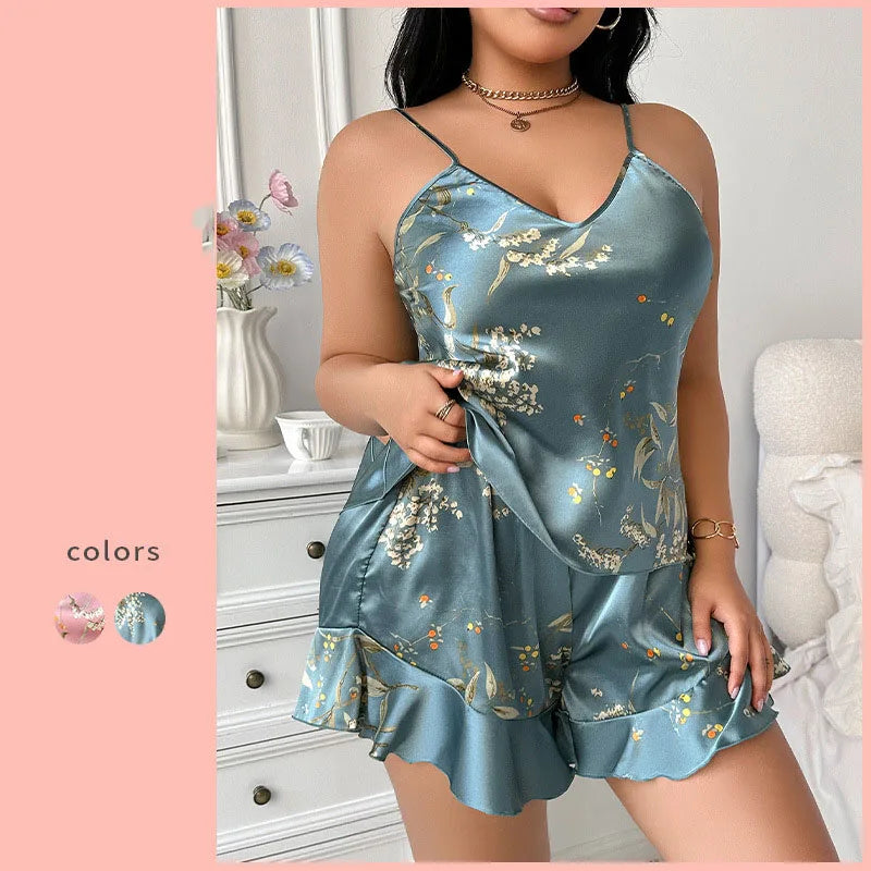 Printed ladies' pajamas fashion casual ice silk pajamas home clothes.