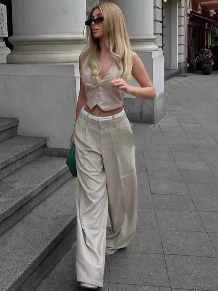 Women Fashion Solid Vest Pant Suit Single Breasted Halter Cropped Vests Top.
