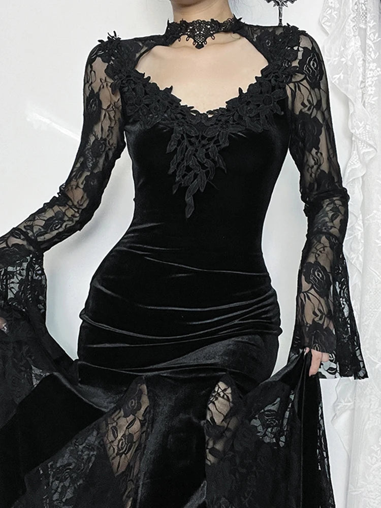 AltGoth Aesthetic Gothic Midi Dress Women Vintage.