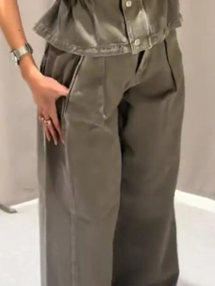 Casual Denim Vest Long Pant Set Women Sleeveless High Collar Button Tops.