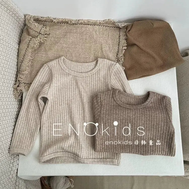 Kids Girls 2PCS Pajamas Set Cotton Round Collar Ribbed.