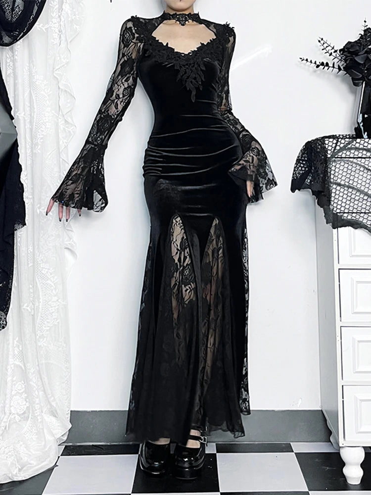 AltGoth Aesthetic Gothic Midi Dress Women Vintage.
