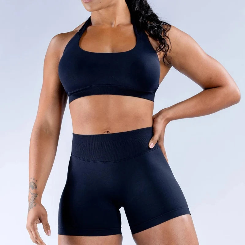 Shorts Set 2 Pieces Seamless Yoga Set Workout Tracksuit Women Halter Sport.