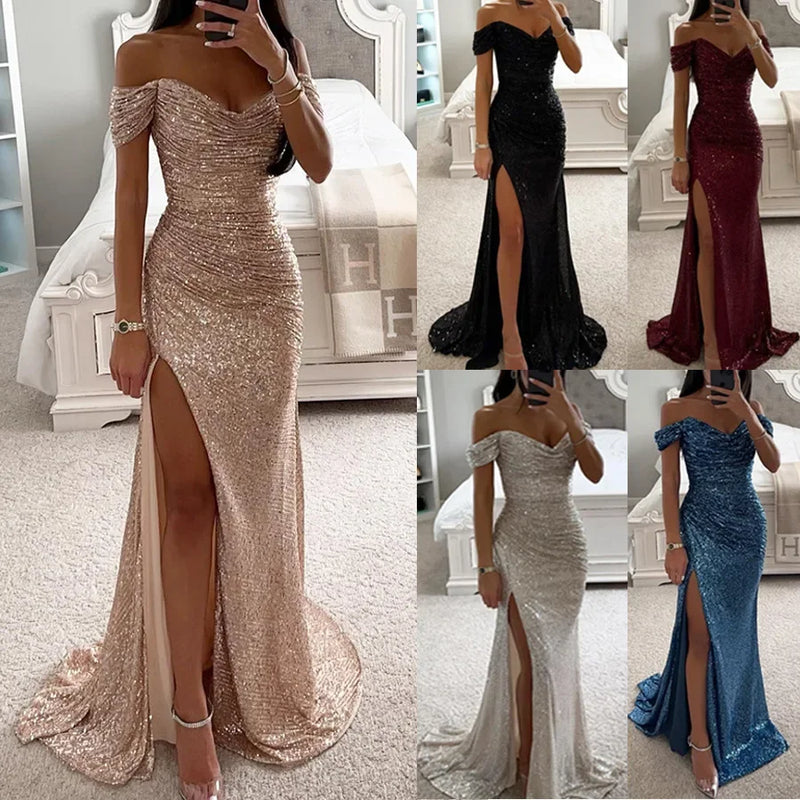 New Party Sequins One line Neck Split Dress INS Casual Versatile Fashionable Charming Slimming Dress.