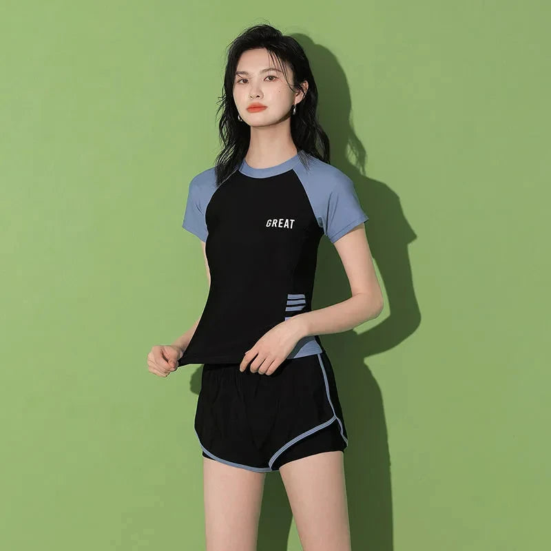 Fashion Women's Swimming Suit Ladies Patchwork Short Sleeve Swimwear.