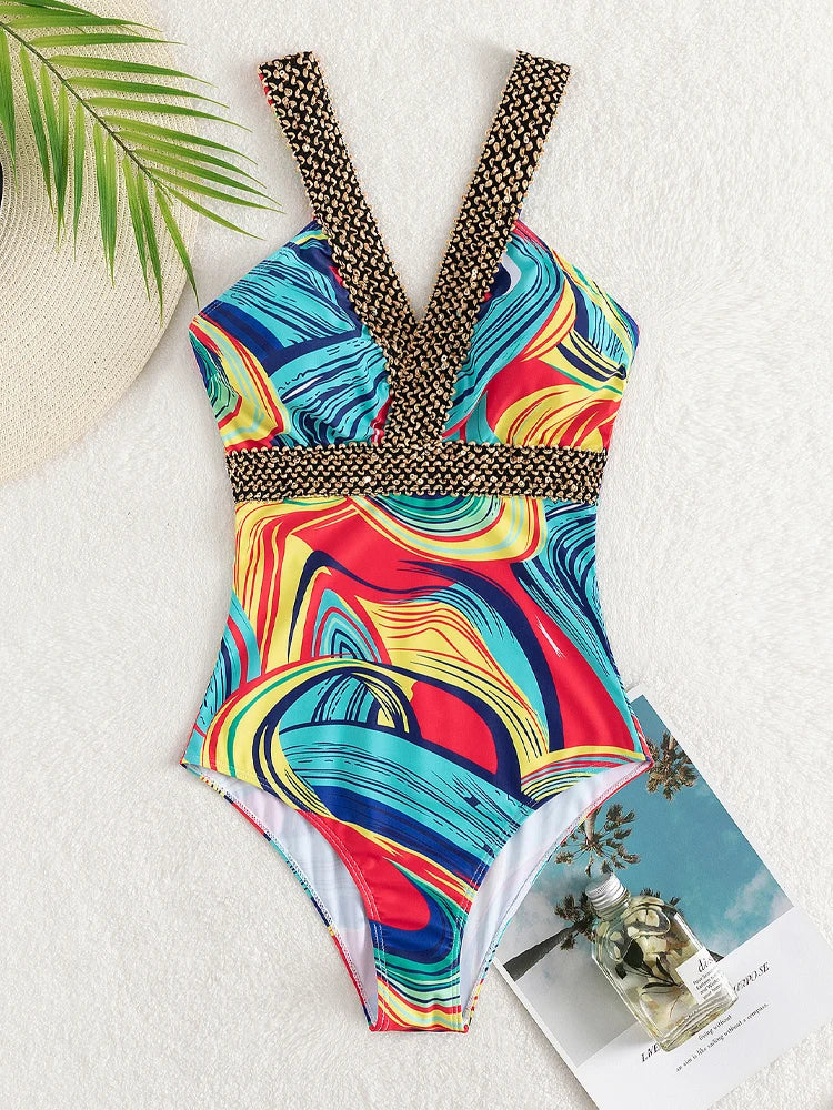 Vigoashely Sexy Print Strapped Swimwear Women Push UP One Piece.