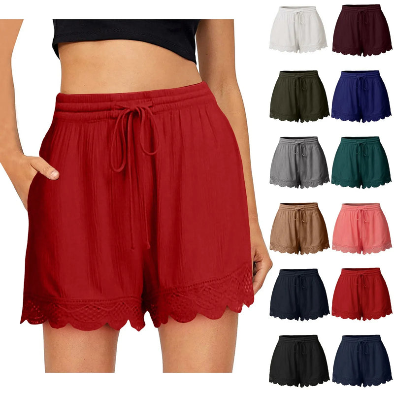 Shorts For Women Ruffle Hem Casual Shorts Plus Size Drawstring  Lace Shorts.
