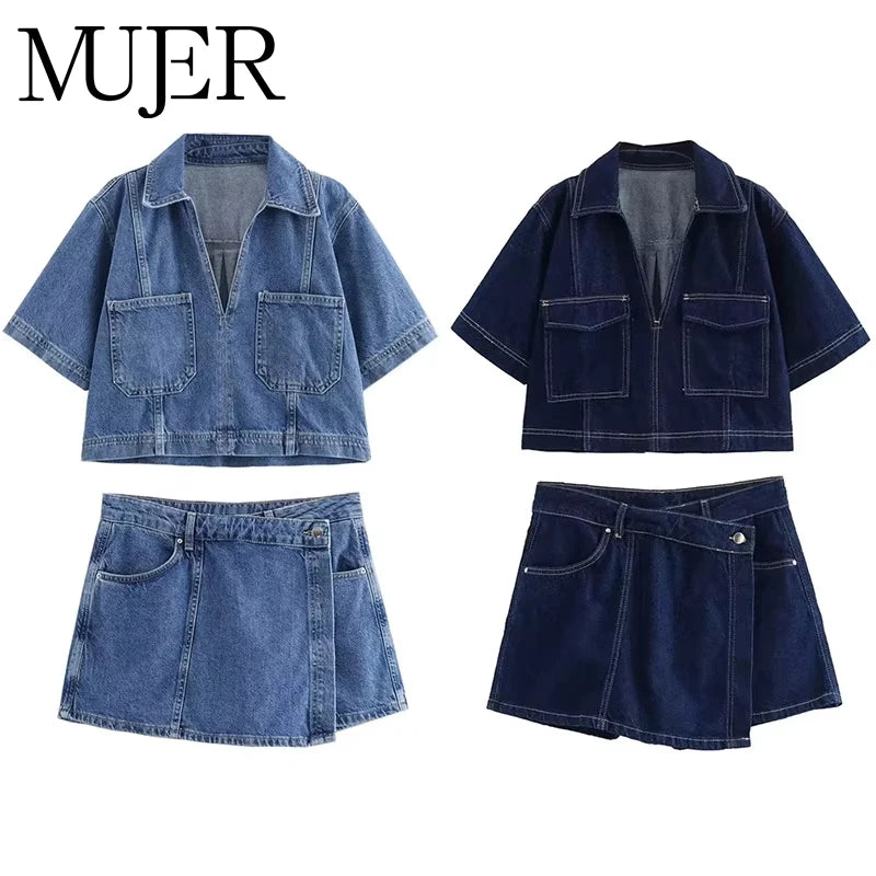 MUJER Blue Denim Shirt Woman Short Sleeve Cropped Shirt Women Summer.