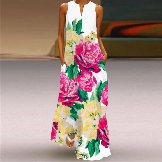 3D Floral Printed Dress Summer Vintage V-neck Sleeveless Loose Maxi Dress Elegant.