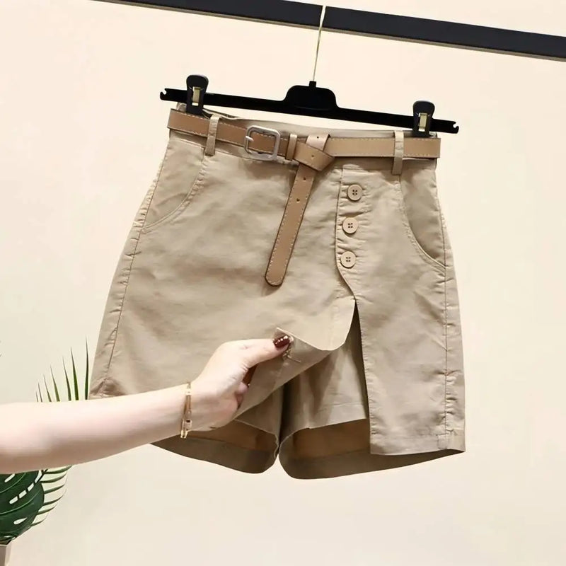 Chic Shorts Women Belt Korean Solid Buttons Side Slit A-line Streetwear.