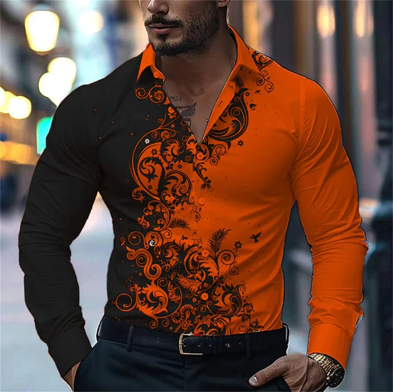 Men's Stylish Red Floral Print Dress Shirt - Casual Long Sleeve Button-Up.