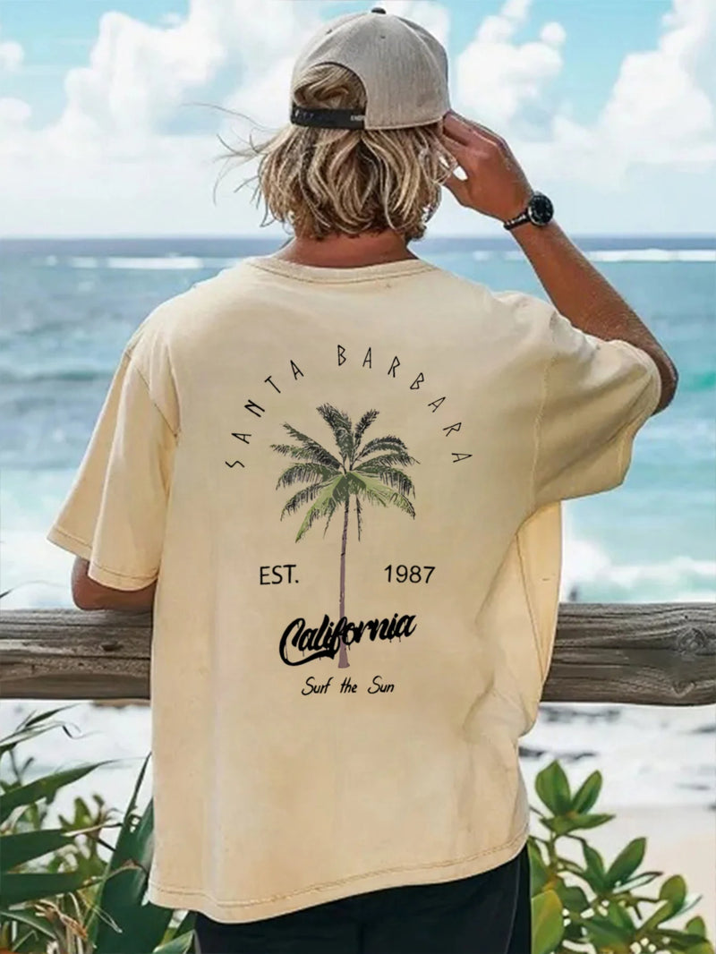 Men's Vacation Coconut Tree Letter Printed Comfortable Breathable Round Neck T-shirt.